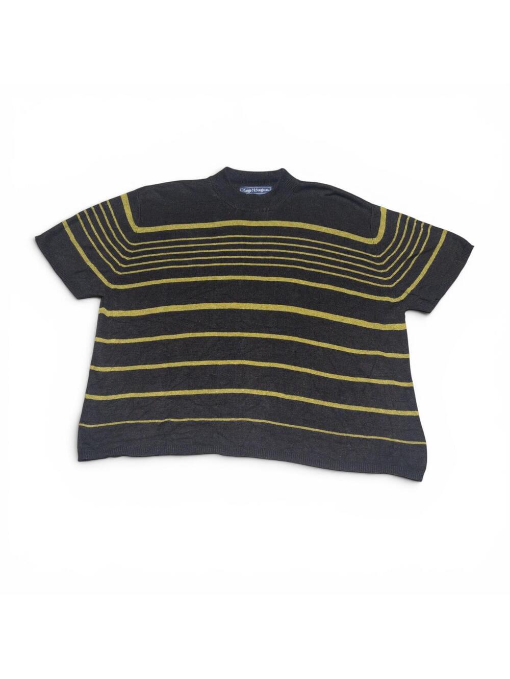 Vintage Black and Yellow Striped Short Sleeve Mock Neck Sweater